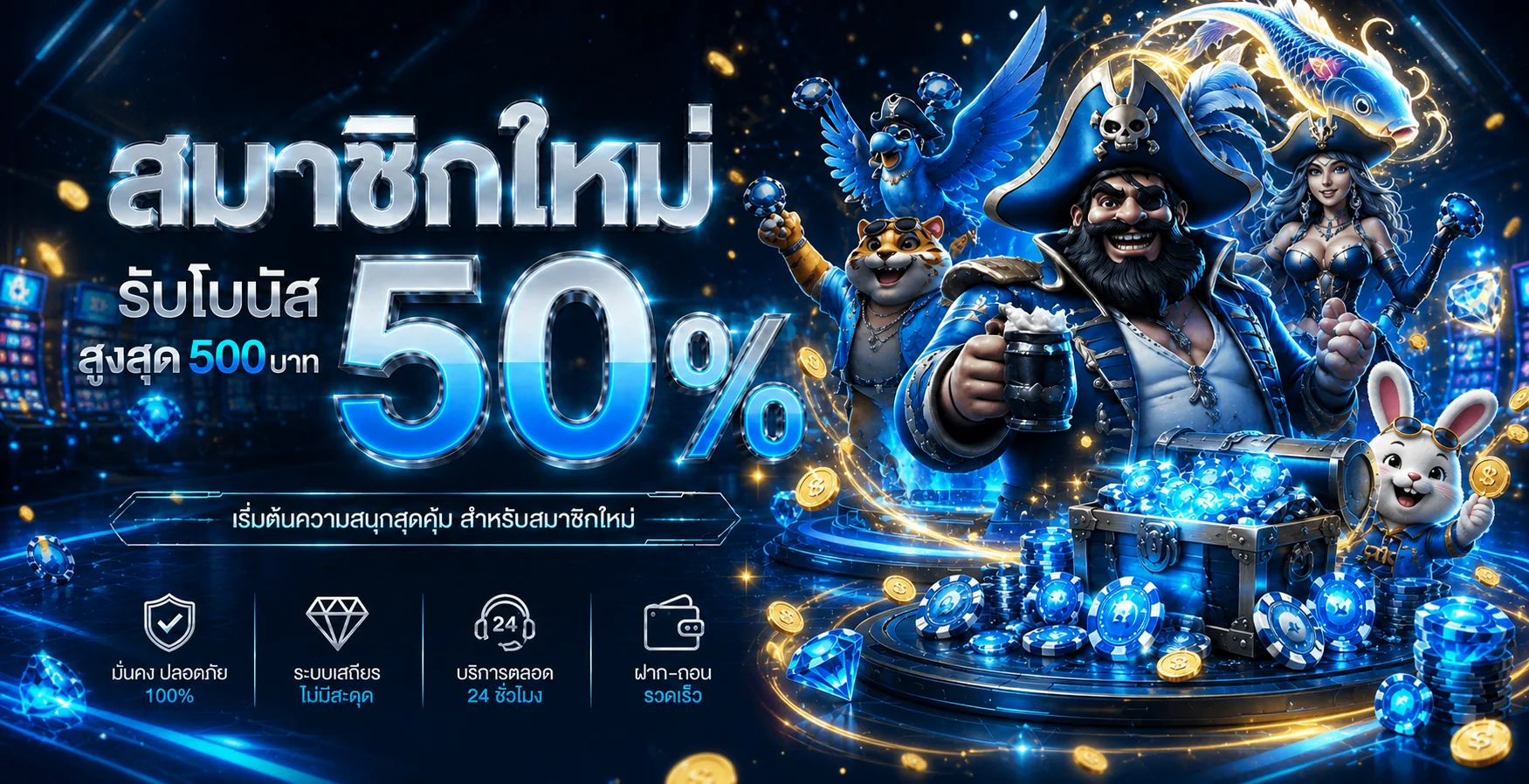 แบนเนอร์สมาชิกใหม่ LOYFAH88 โทนสีน้ำเงินทองพร้อมตัวละครเกม
